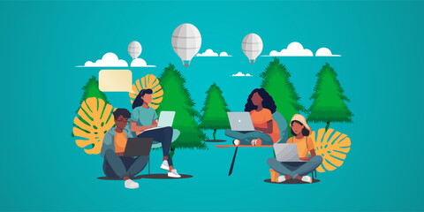 Diverse Young People Working Remotely Outdoors with Hot Air Balloons flat design