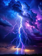 Fototapeta premium Electric blue lightning bolt illuminates dark stormy night sky with vibrant purple hues and intricate wispy clouds