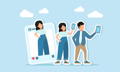 man and woman taking a selfie near a social media frame illustration of personal branding for online presence or digital identity