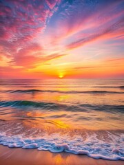 Obraz premium A serene sunrise over a vast expanse of calm ocean waves with soft pink and orange hues spreading across the sky