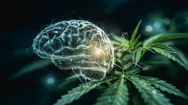 Brain and cannabis leaf for mental healing therapy - Mind calmness and alternative medicine concept - By AI generative
