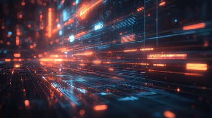 Abstract data lineage visualization showing pipeline structure from source to target with transformation layers, flows, and metadata in stylized tech scene 