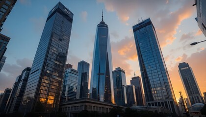 Tall skyscrapers with mirror-like surfaces reflecting sunset colors, dramatic urban skyline, perspective from street level