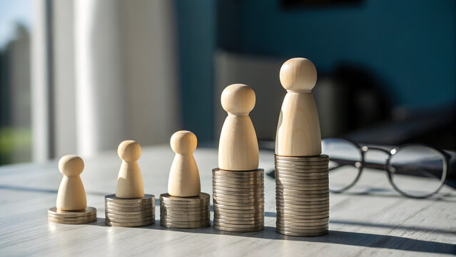Stack of coins with wooden family figurines on top symbolizing life insurance, financial planning for family protection, and generational wealth accumulation under secure services