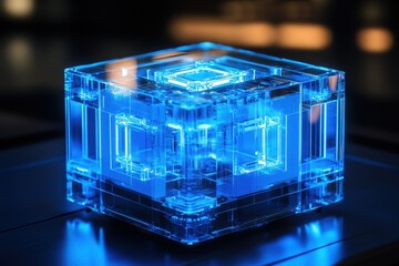 Futuristic Transparent Cube with Blue Illumination on Dark Surface