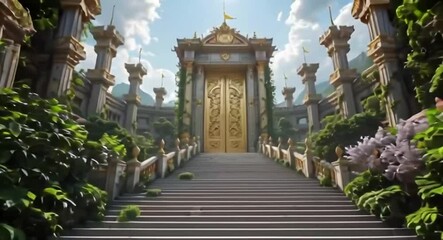 Grand golden doors atop stairs framed by ornate stone structures set in a lush sunlit landscape - Powered by Adobe