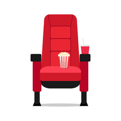 Fototapeta premium Red movie theater chair icon symbol. Cinema seat with soda and popcorn bucket on it isolated on white background. Vector illustration