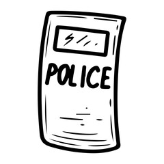 Police tactical shield. Hand drawn doodle vector. Protective equipment of special forces soldiers. Officer bulletproof object. Illustration line art element.