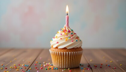 Delicious birthday cupcake with swirled frosting, colorful sprinkles, and a lit candle, placed on a wooden table, soft light pastel background
