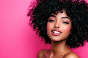 Black Girl Wig. Attractive African American Woman with Artificial Hair, Eyes Closed in Pink Glowing Background