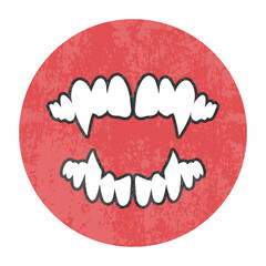 Vampire teeth with sharp fangs round emblem in retro style. Vector illustration