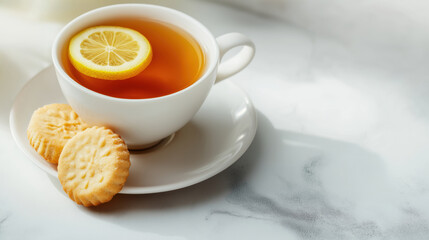 Cup of black tea with lemon slice served on a saucer with two shortbread cookies on a white marble surface. Warm and cozy drink. Simple teatime.