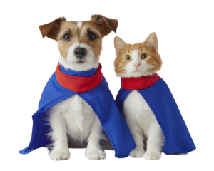 Dog cat superhero costume blue cape red scarf animal friends isolated transparency background playful adorable pets dressed as superheroes create fun and cheerful scene