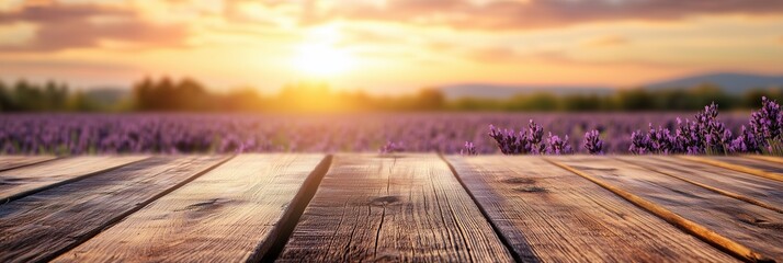 Wooden table with lavender field and sunlight in background, banner
