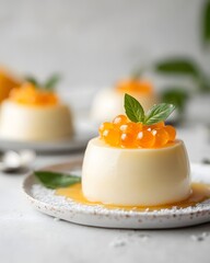 Elegant dessert panna cotta with citrus topping gourmet kitchen food photography bright setting