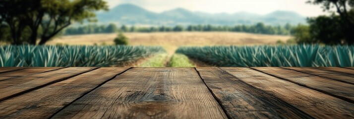 Close-Up of Rustic Empty Wooden Table with Blurred Mexican Agave Field Farm Background