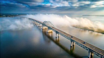 Aerial view of Sabine Lake Causeway Bridge at Port Arthur Texas on an overcast day with misty fog rising from the lake