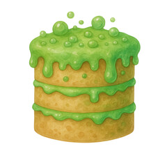 Watercolor illustration of a spooky Halloween cake with green slime drip and bubbles. Great for festive dessert clipart, party invites, stickers, and October-themed designs.