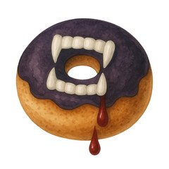Watercolor Halloween donut topped with vampire fangs and blood drop. Perfect for spooky dessert clipart, Halloween party graphics, packaging, stickers, and seasonal illustrations.
