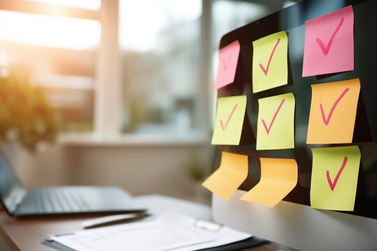 A computer screen displays sticky notes with checkmarks