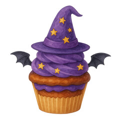 Watercolor cupcake decorated with a purple witch hat topped with yellow stars and bat wings. Perfect for Halloween party clipart, treats, packaging, and fun seasonal designs.
