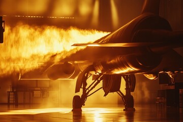 Jet Engine Test with Intense Flames and Bright Light in Hangar