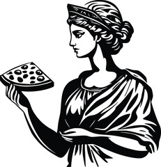 Silhouette of a Greek goddess holding a pizza slice, editable vector illustration
