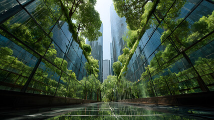 Corporate glass building facade reflecting lush green trees, exemplifying the ESG (Environmental, Social, Governance) concept and the integration of sustainability into modern business pract44057037 1
