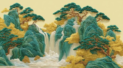Chinese embroidery craft of gold and green mountain