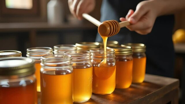 Person pouring honey from wooden dipper into glass jars on table  