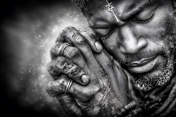 Black Man Praying with Closed Eyes with Grayscale Portrait, and Faith  Spirituality.
