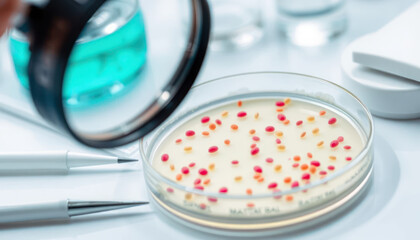 Laboratory Petri Dish with Colorful Bacteria Cultures under Magnifying Glass in Scientific Research Environment