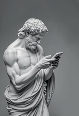 Gypsum ancient Greek sculpture of an athlete holding a smartphone.