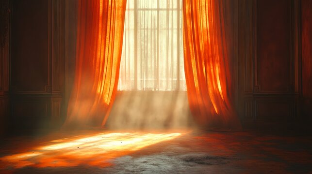 Dramatic sunlight through orange curtains creating a warm, inviting ambiance