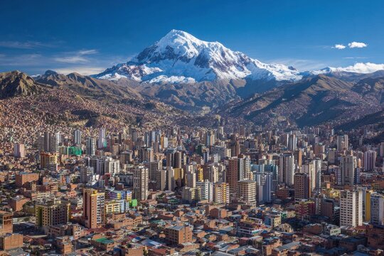 Bolivia La Paz. Aerial View of City Landscape with Illimani Mountain in Background