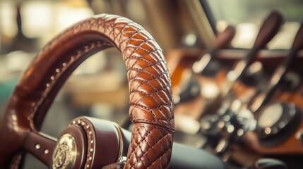 Detailed Close-Up of a Luxurious Leather Steering Wheel Interior