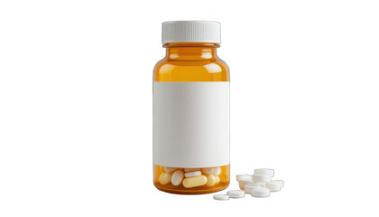 Prescription medication bottle with white label and assorted pills on a clean background for health and pharmacy related visuals