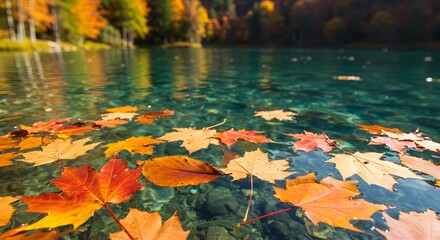 Autumnal Serenity: Maple Leaves Floating on a Crystal-Clear Lake