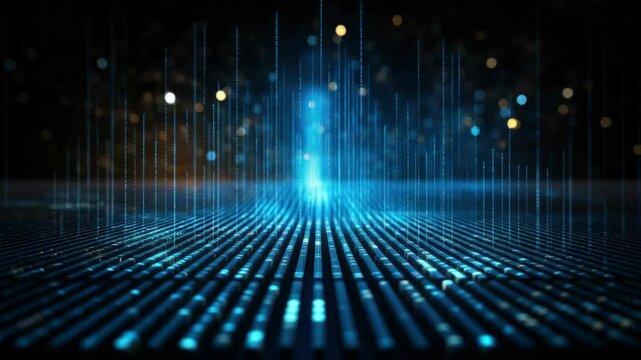 Futuristic digital landscape with glowing blue lines and dots. Aerial angle captures depth, resembling a sci-fi video interface or data stream. Live desktop wallpaper. - Powered by Adobe