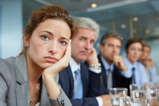 Boring Meeting. Portrait Of Sad Business Team Unhappy at Corporate Conference