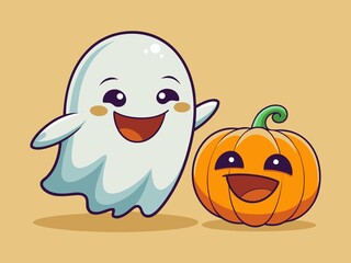 Obraz premium Happy Halloween cartoon ghost and pumpkin friends; cute, friendly, autumnal illustration.