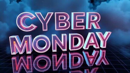 Neon cyber monday sale sign glowing in vibrant pink and blue hues, blurry dark background, futuristic shopping vibe - Powered by Adobe