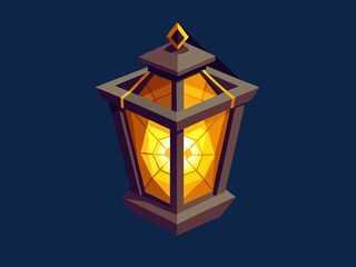 Low-poly isometric glowing lantern; warm, inviting night scene; fantasy game asset; dark background.