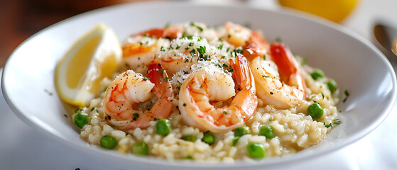 Shrimp Risotto with Peas and Lemon Garnish