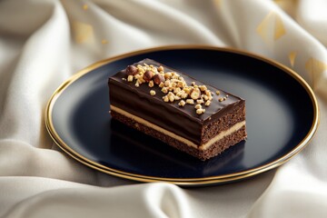 Decadent chocolate hazelnut cake slice on a dark plate.