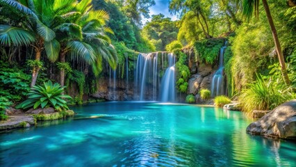Serene waters reflect vibrant tropical greenery surrounding a tranquil blue pool with an intricate waterfall cascading into a lush oasis
