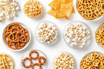 Colorful Assortment of Snack Foods in Clear Bowls on White Background