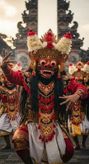 Obraz premium Balinese mask dancers with strong expressions, temple background and incense smoke