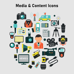 Editable flat icons for music, camera, and digital production tools