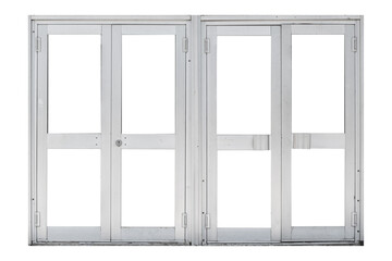 Modern metal double doors with glass sections is isolated.